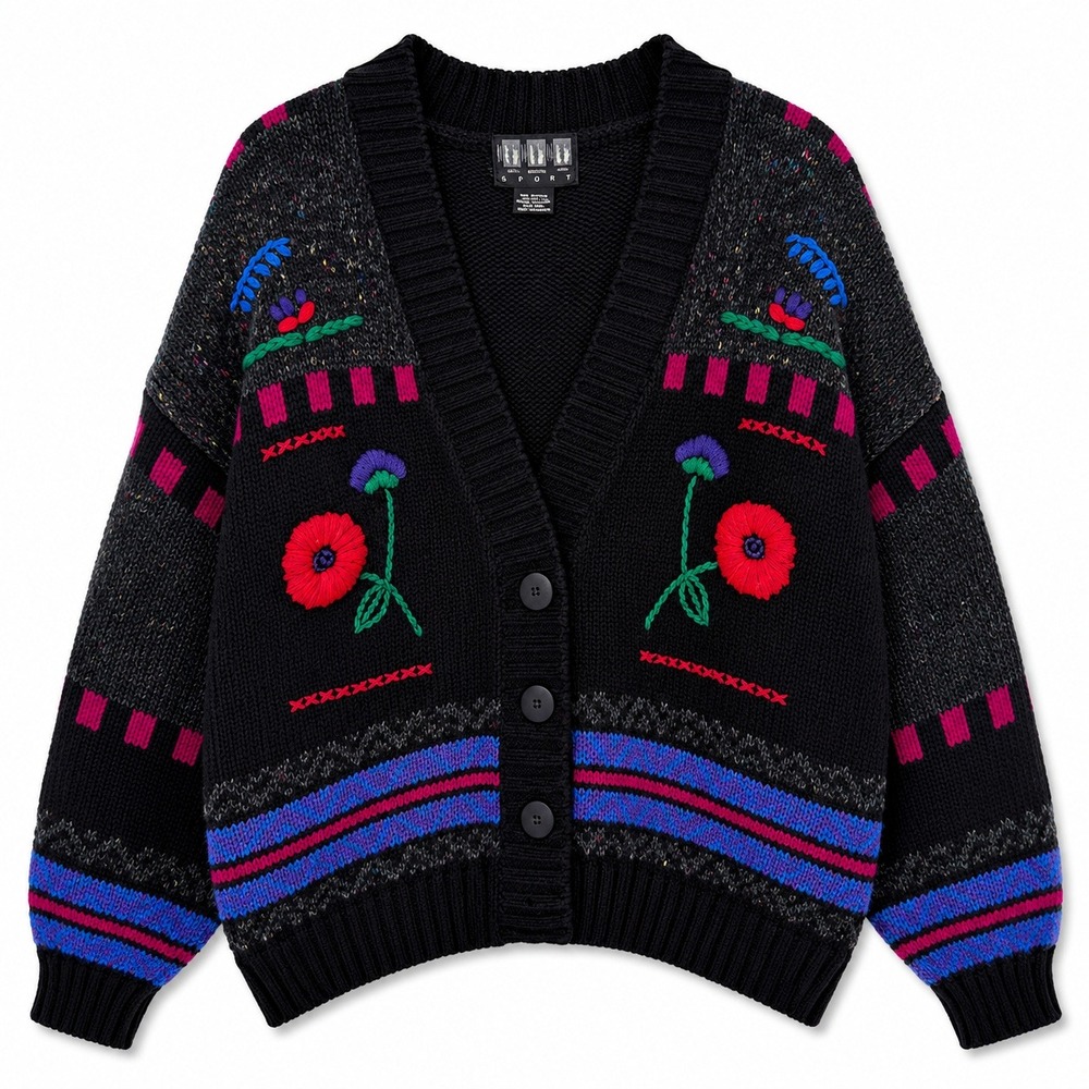 Vtg 80s NuNu Sport Floral Embroidered Cardigan Wool Cottagecore Whimsy Cozy M
